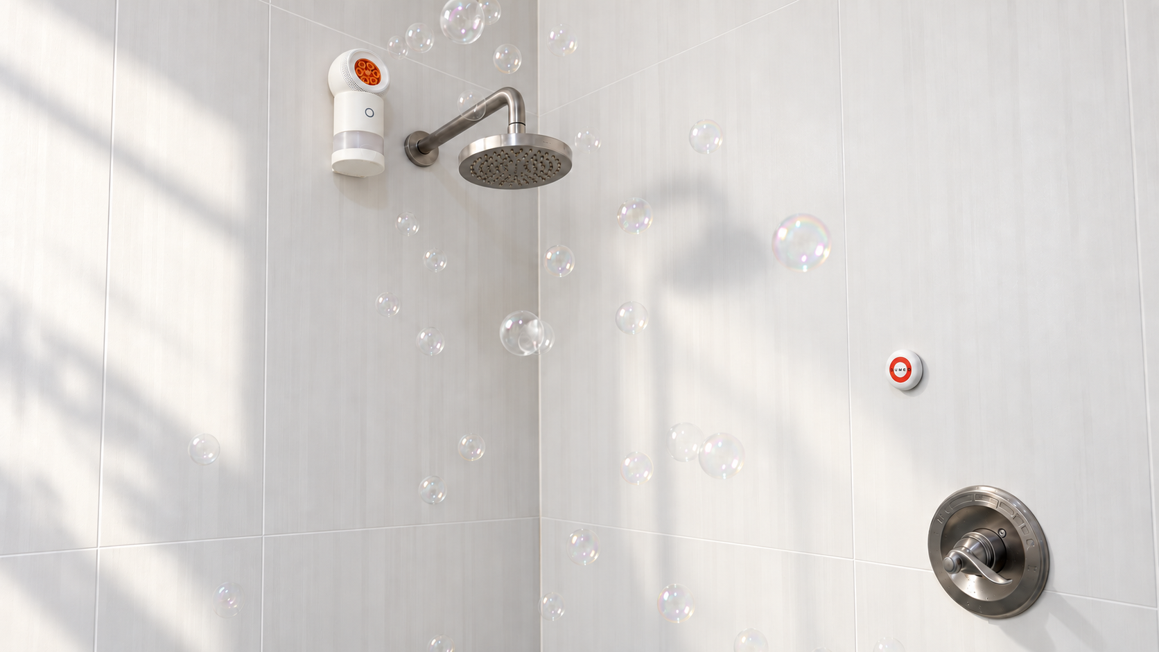 Bubble Maker creating floating bubbles in a bright shower